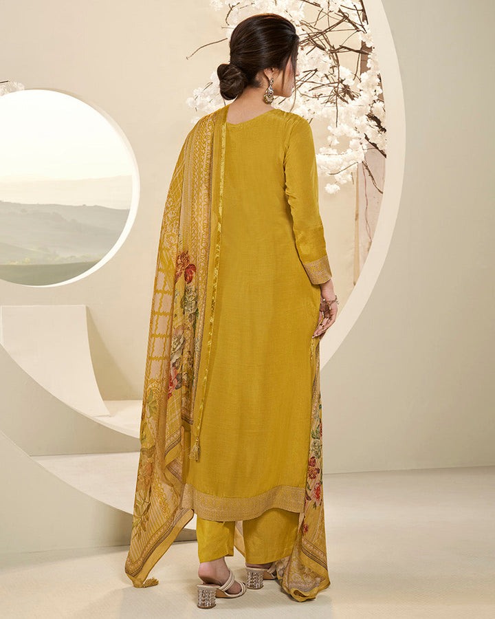 Amber Yellow Muslin Jacquard Kurta .Paired with Santoon Straight pants and Muslin Jacquard Abstract Digital Print Dupatta