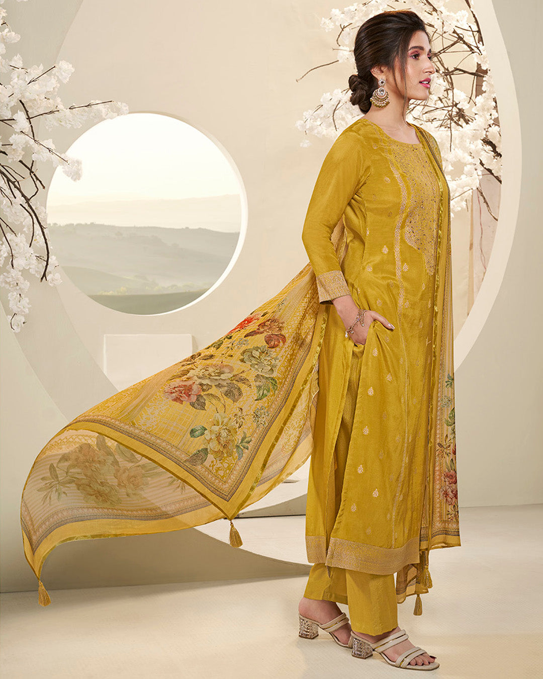 Amber Yellow Muslin Jacquard Kurta .Paired with Santoon Straight pants and Muslin Jacquard Abstract Digital Print Dupatta