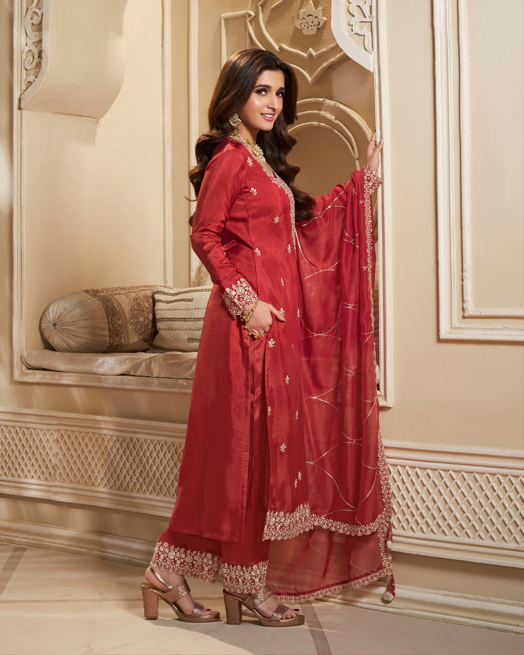 Scarlet Red Dola Silk Kurta.Paired with Santoon Straight Pants and Organza Dupatta