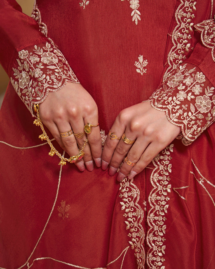 Scarlet Red Dola Silk Kurta.Paired with Santoon Straight Pants and Organza Dupatta