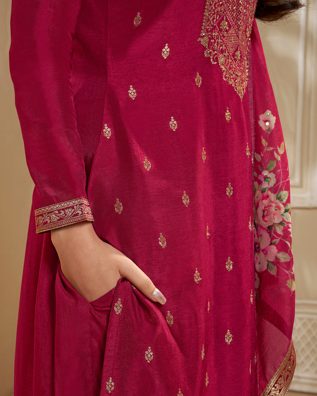 Crimson Red Dola Silk Kurta. Paired with Santoon Straight Pants and Chinon Floral Printed Dupatta.