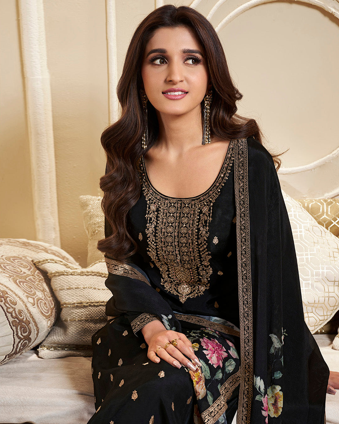 Charcoal Black Dola Silk Kurta . Paired with Santoon Straight Pants and Chinon Floral Printed Dupatta.