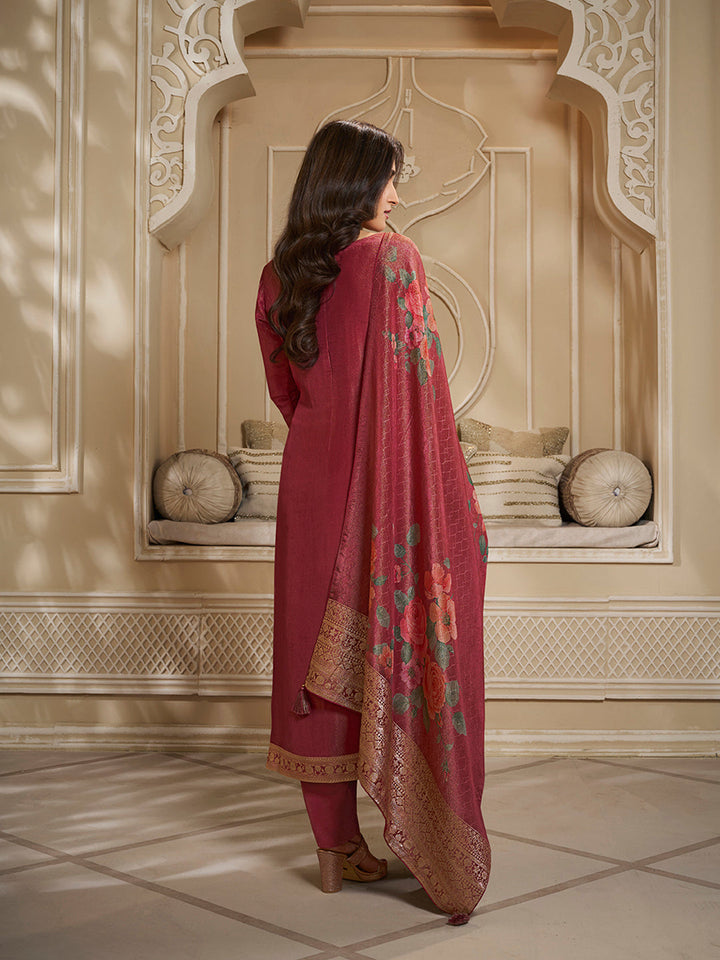 Neon Red Tissue Jacquard Top. Paired with Santoon Bottom and Tissue Digital Floral Printed Dupatta