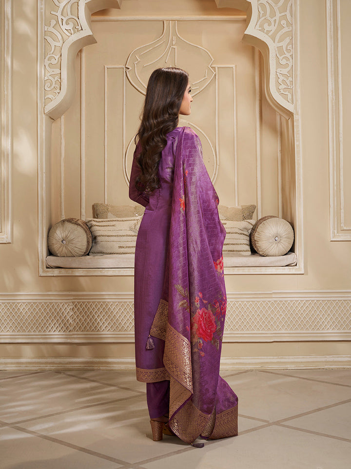 French Purple Tissue Jacquard Top . Paired with Santoon Bottom and Tissue Digital Floral Printed Dupatta