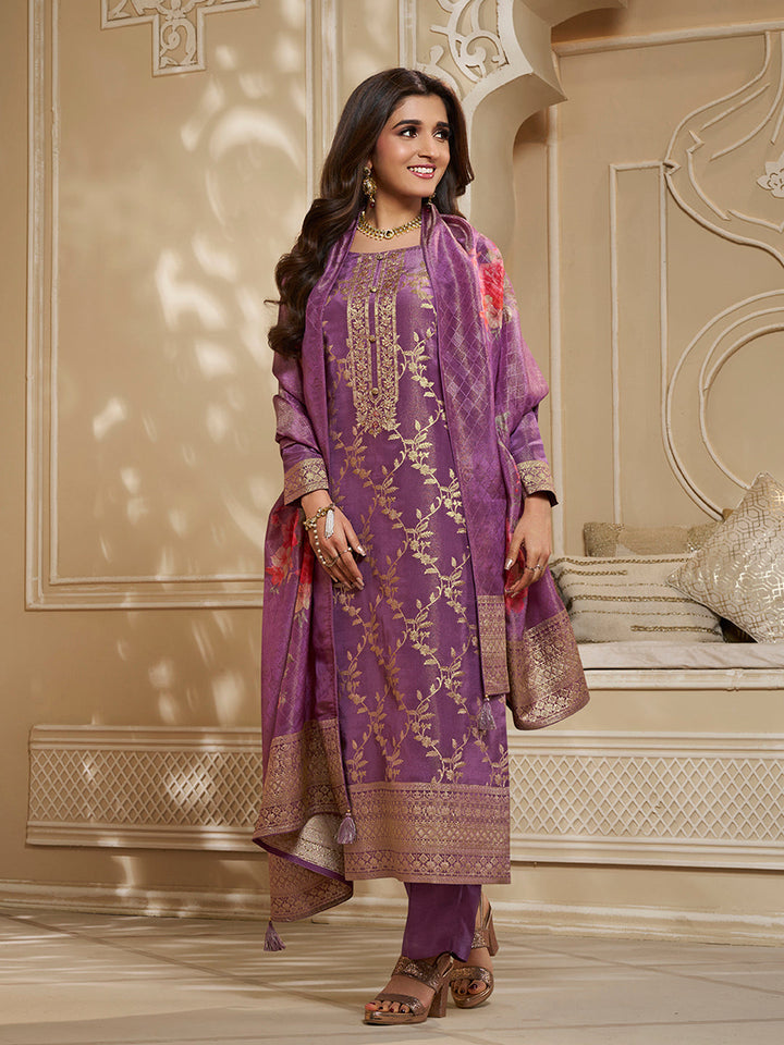 French Purple Tissue Jacquard Top . Paired with Santoon Bottom and Tissue Digital Floral Printed Dupatta