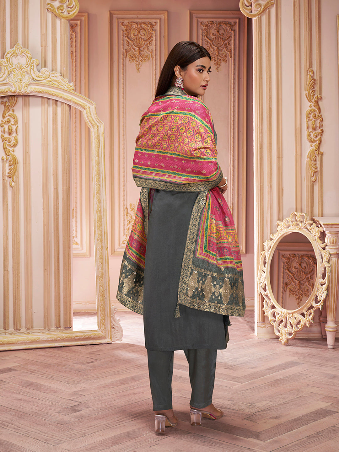 Steel Grey Dola Silk Jacquard Kurta with Santoon Trouser and Dola Jacquard Printed Dupatta