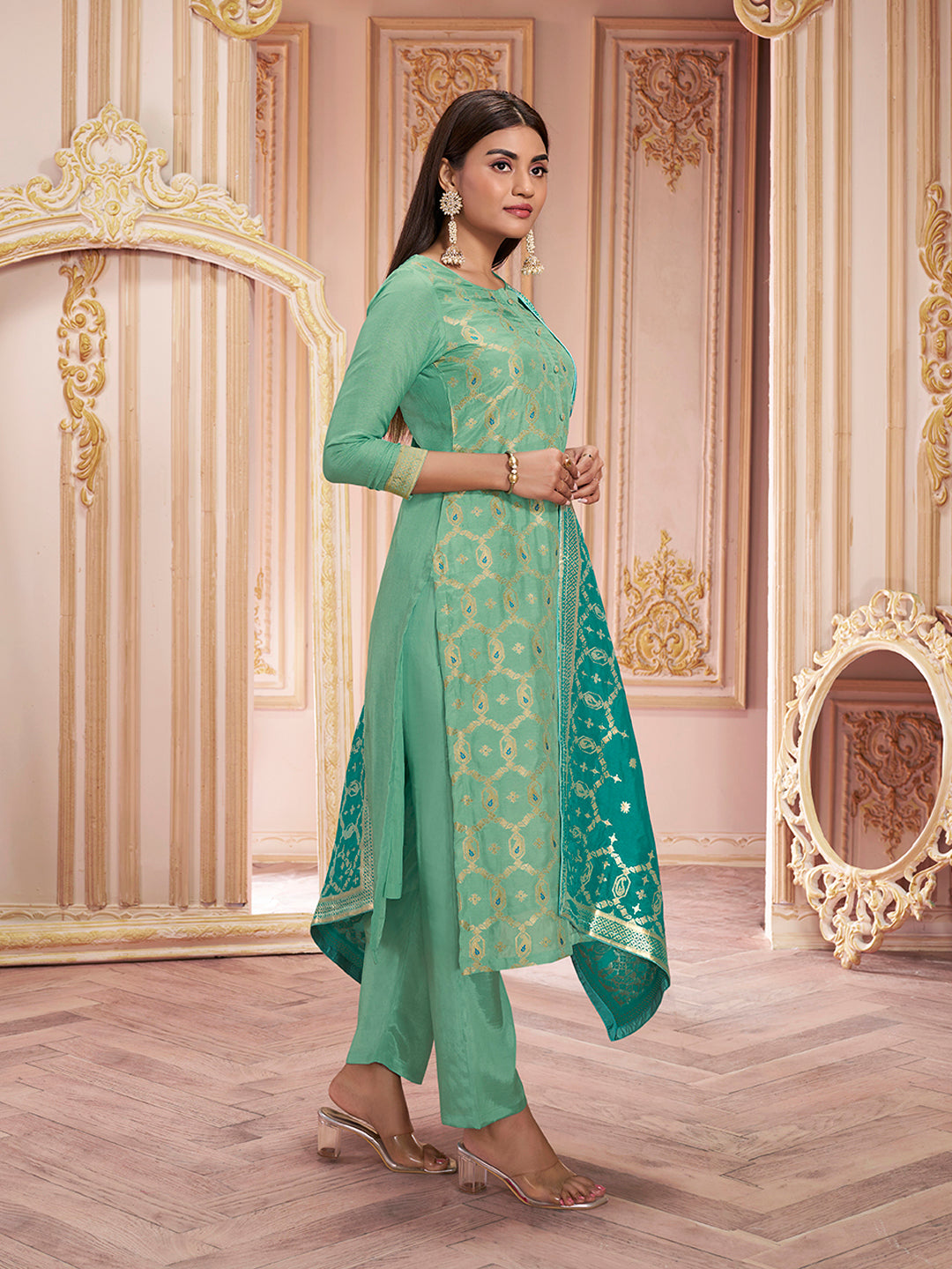 Sea Green Meena Dola Silk Jacquard Kurta with Santoon Trouser and Dola Jacquard Dupatta