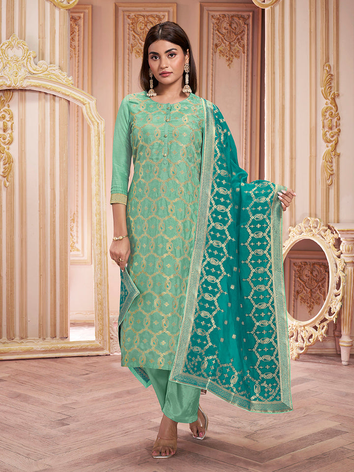 Sea Green Meena Dola Silk Jacquard Kurta with Santoon Trouser and Dola Jacquard Dupatta