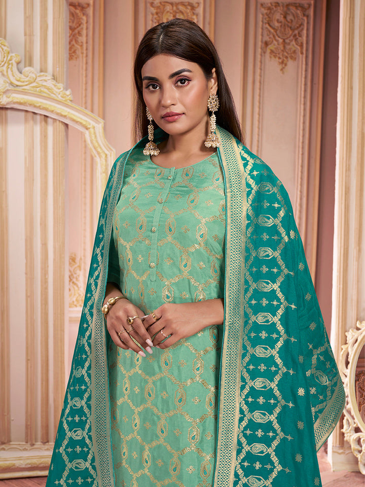 Sea Green Meena Dola Silk Jacquard Kurta with Santoon Trouser and Dola Jacquard Dupatta