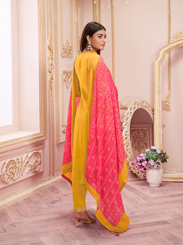 Mustard Yellow Dola Silk Kurta with Santoon Trouser and Muslin Digital Printed Dupatta