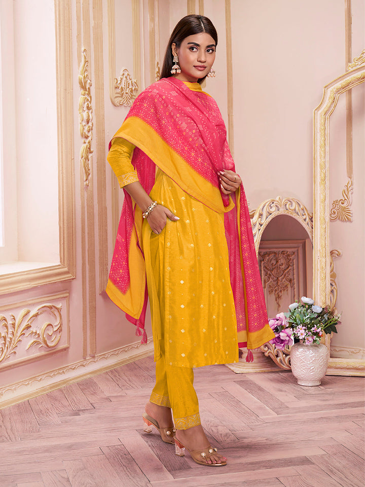 Mustard Yellow Dola Silk Kurta with Santoon Trouser and Muslin Digital Printed Dupatta