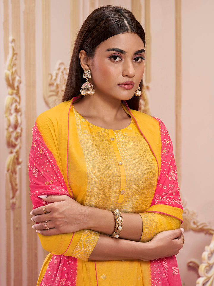 Mustard Yellow Dola Silk Kurta with Santoon Trouser and Muslin Digital Printed Dupatta