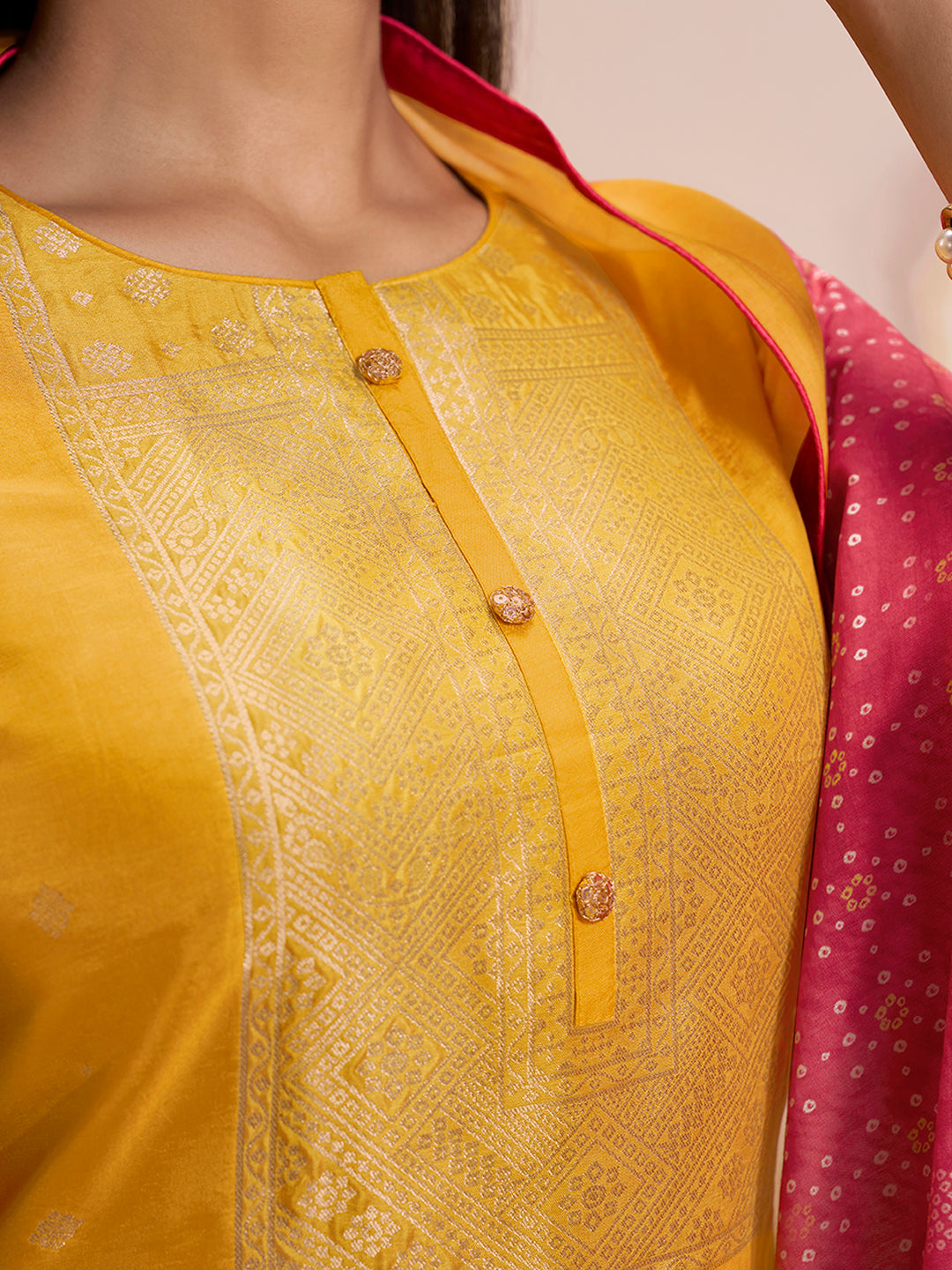 Mustard Yellow Dola Silk Kurta with Santoon Trouser and Muslin Digital Printed Dupatta