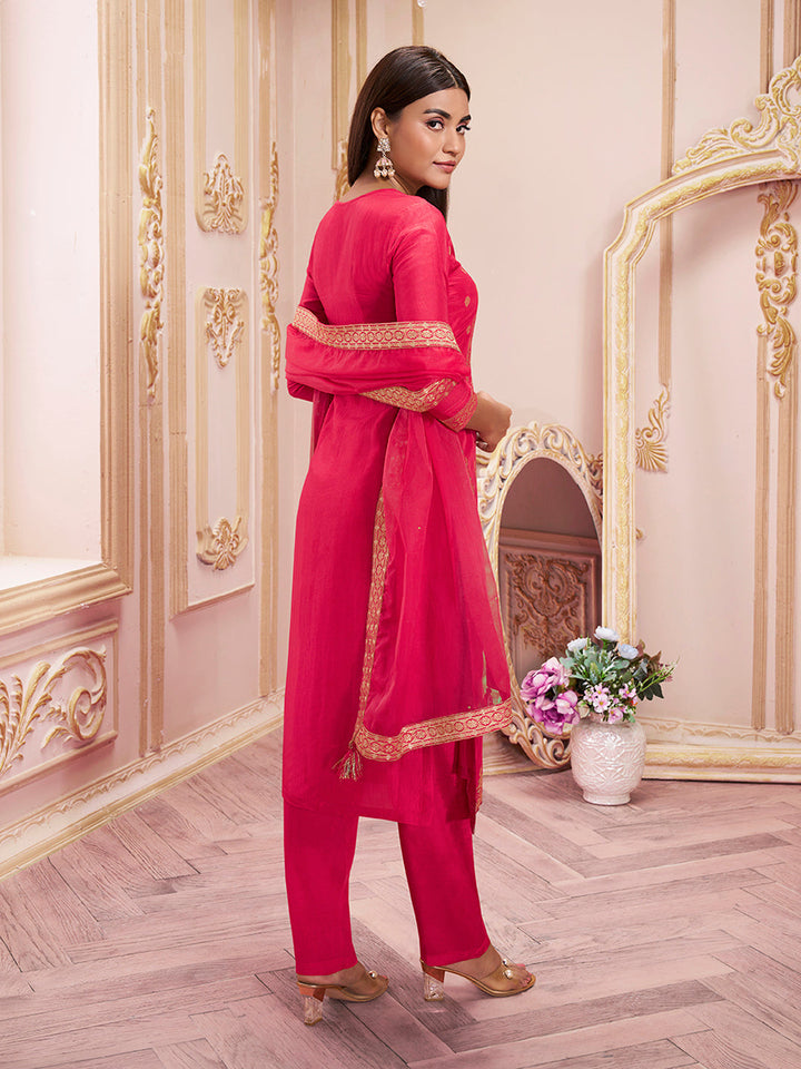 Raspberry Pink Dola Silk Jacquard Kurta with Santoon Trouser and Organza Dupatta