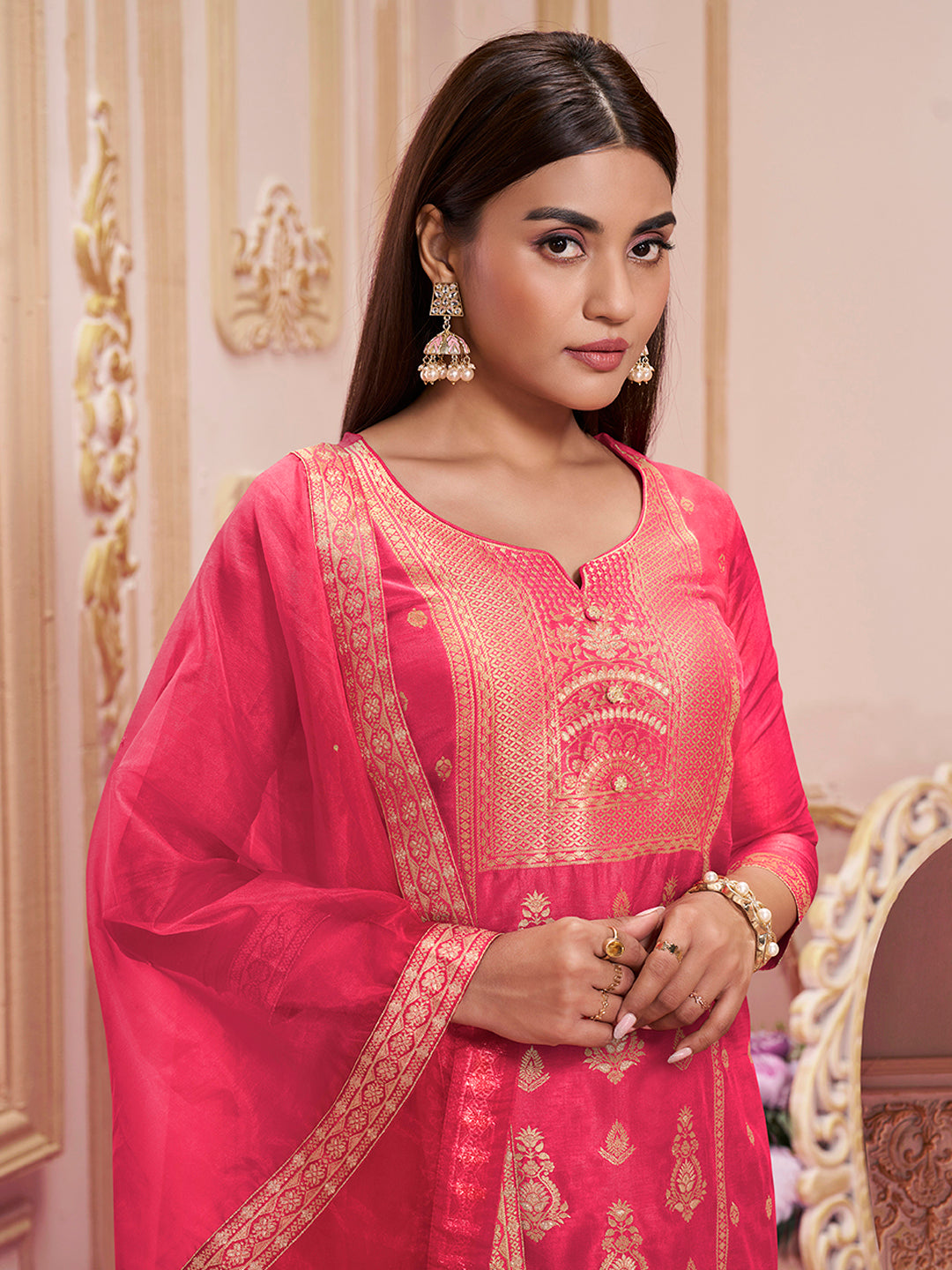 Raspberry Pink Dola Silk Jacquard Kurta with Santoon Trouser and Organza Dupatta