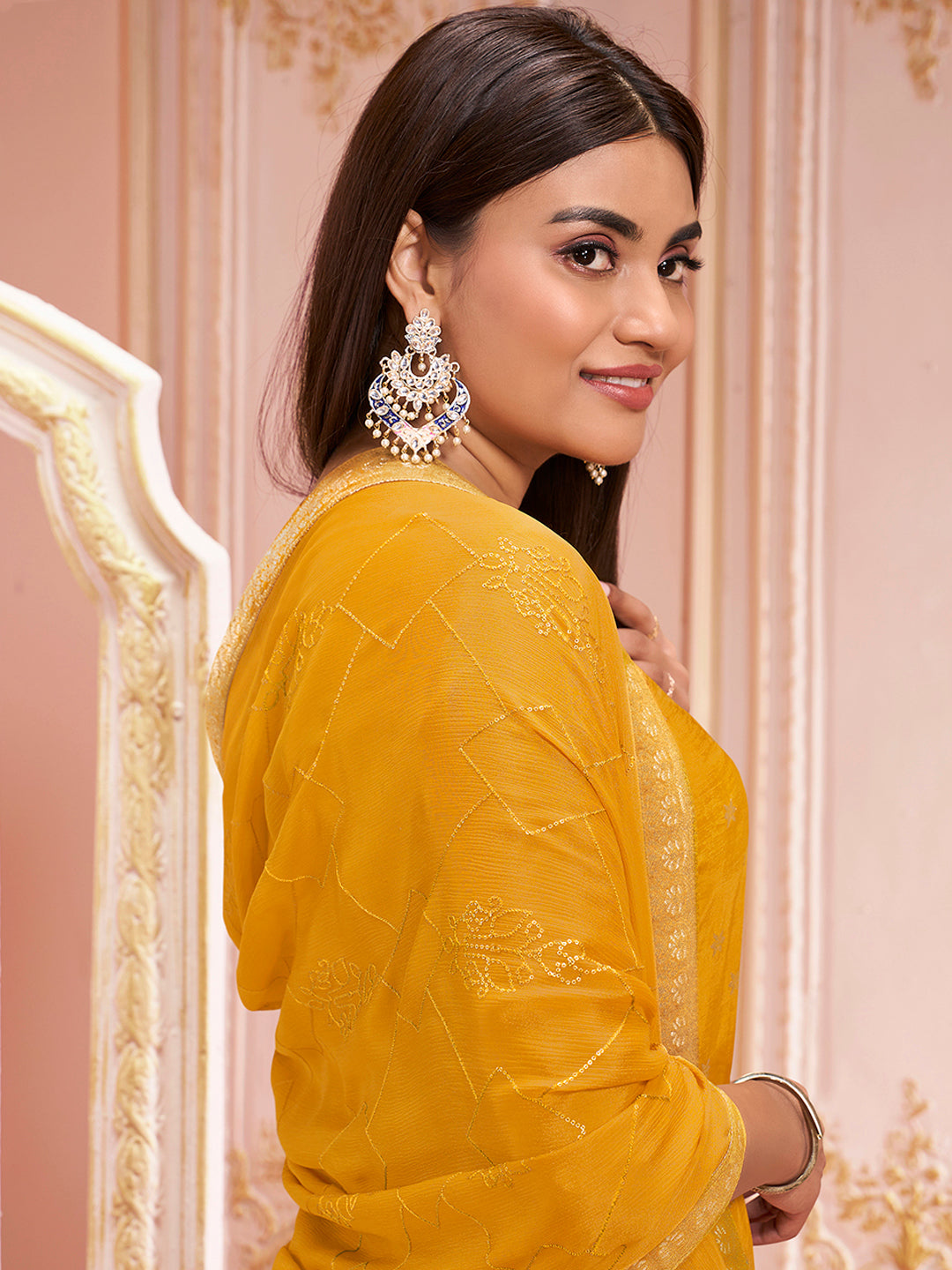 Honey Yellow Dola Silk Jacquard Kurta with Santoon Trouser Bottom and Chinon Dupatta