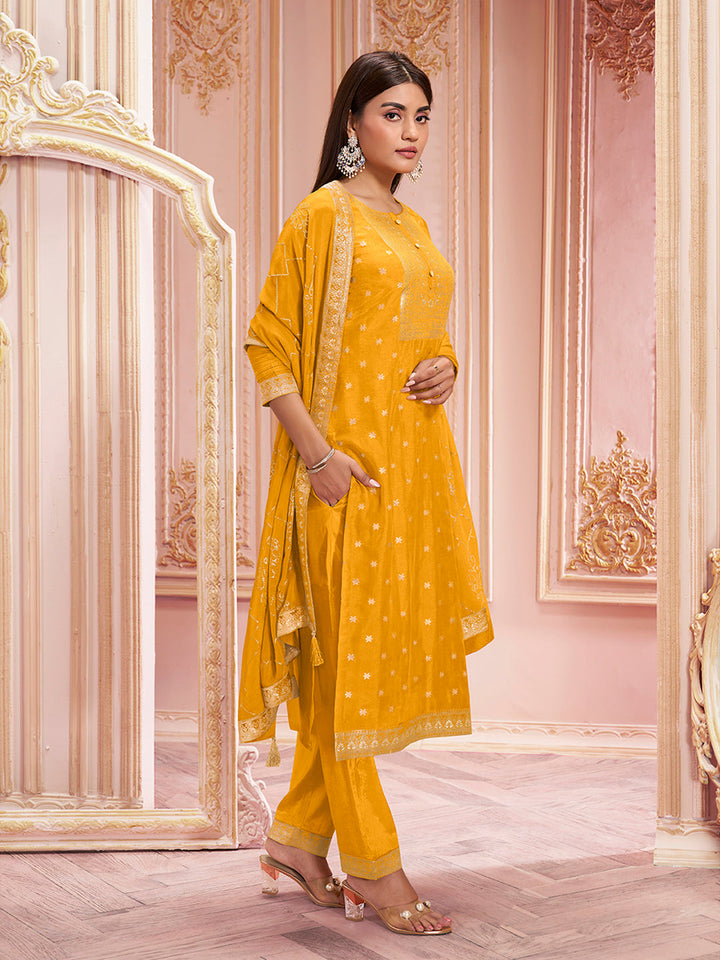 Honey Yellow Dola Silk Jacquard Kurta with Santoon Trouser Bottom and Chinon Dupatta