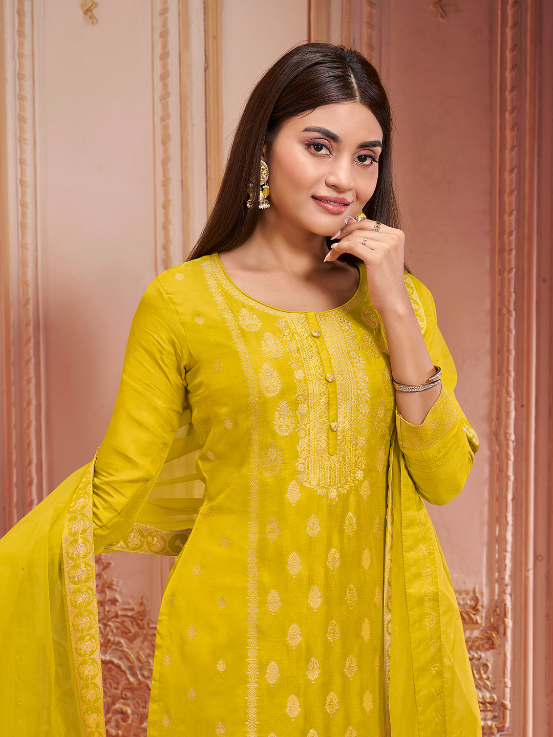 Titanium Yellow Dola Silk Jacquard Kurta with Santoon Trouser and Organza Dupatta