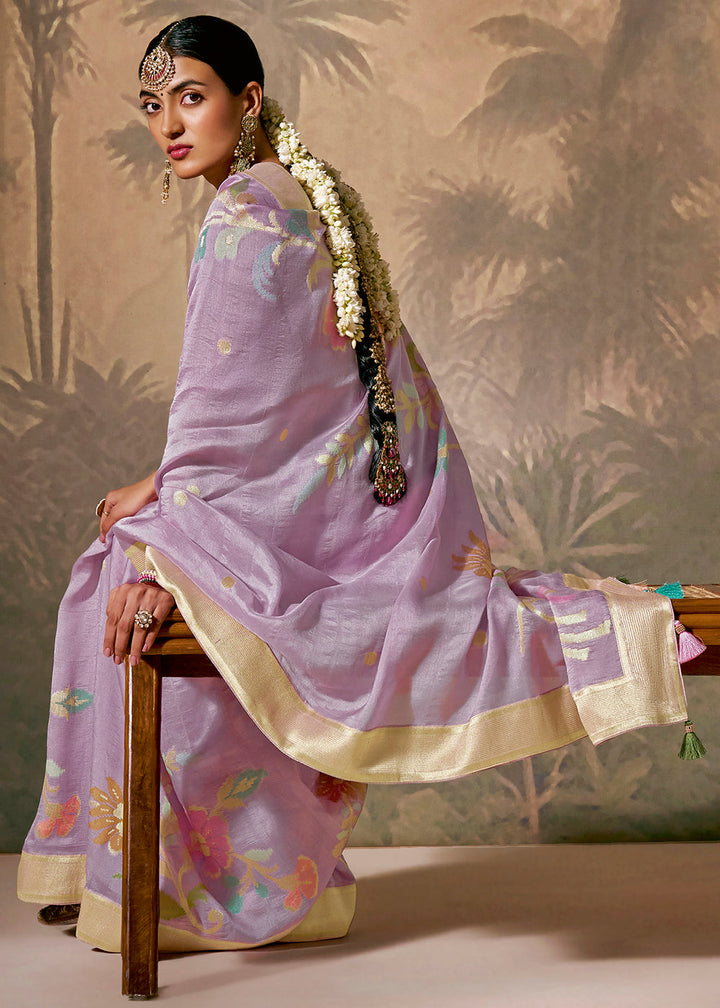 Periwinkle Purple Munga Silk Saree with Zari work & Woven with Resham in Floral Motifs