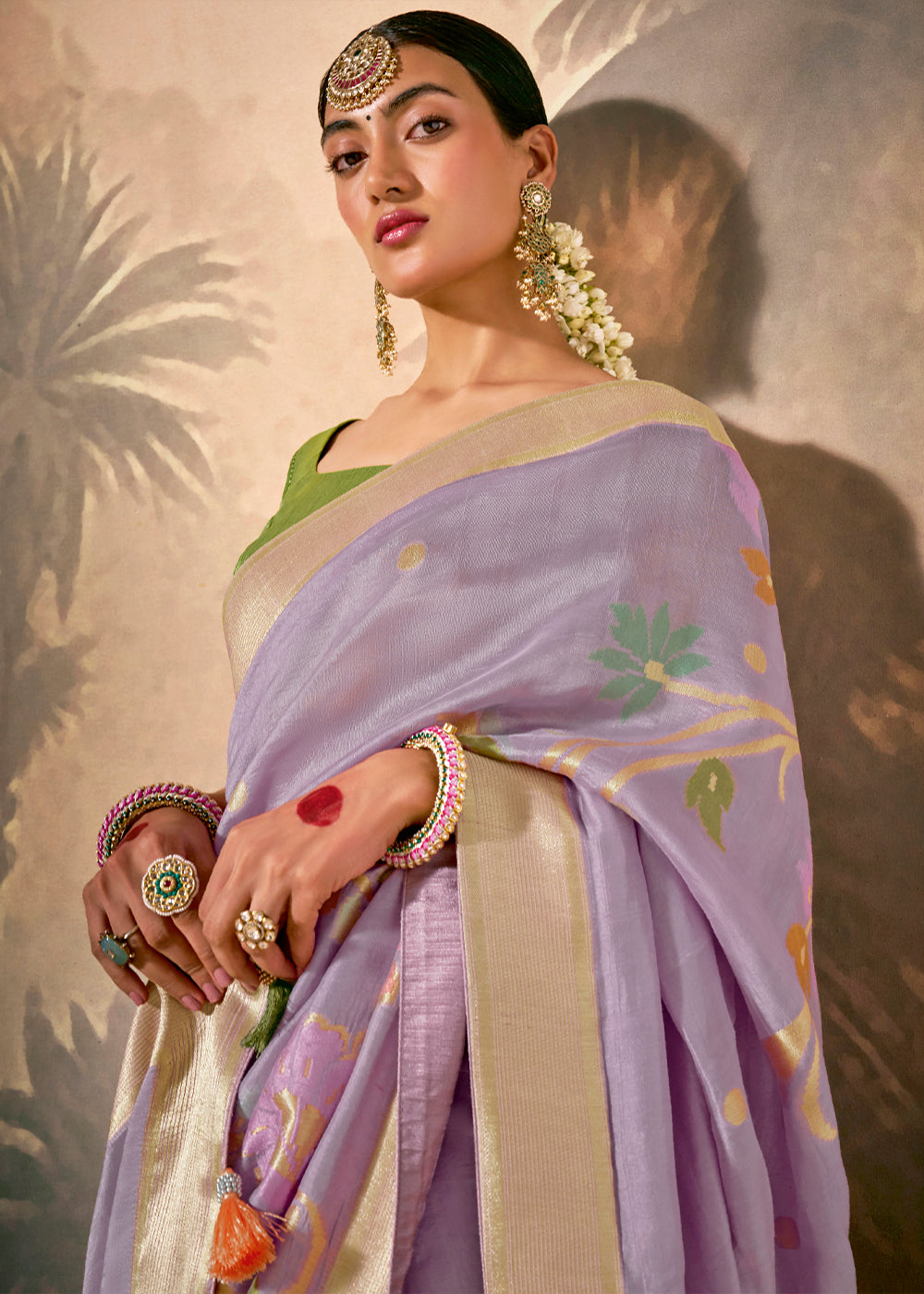 Periwinkle Purple Munga Silk Saree with Zari work & Woven with Resham in Floral Motifs