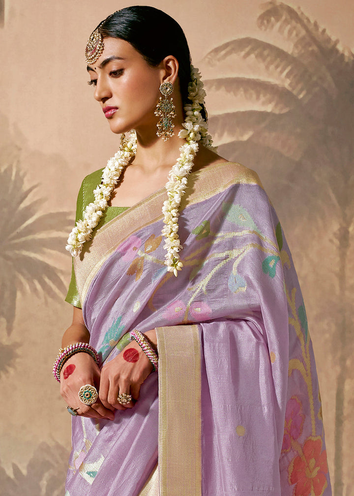 Periwinkle Purple Munga Silk Saree with Zari work & Woven with Resham in Floral Motifs