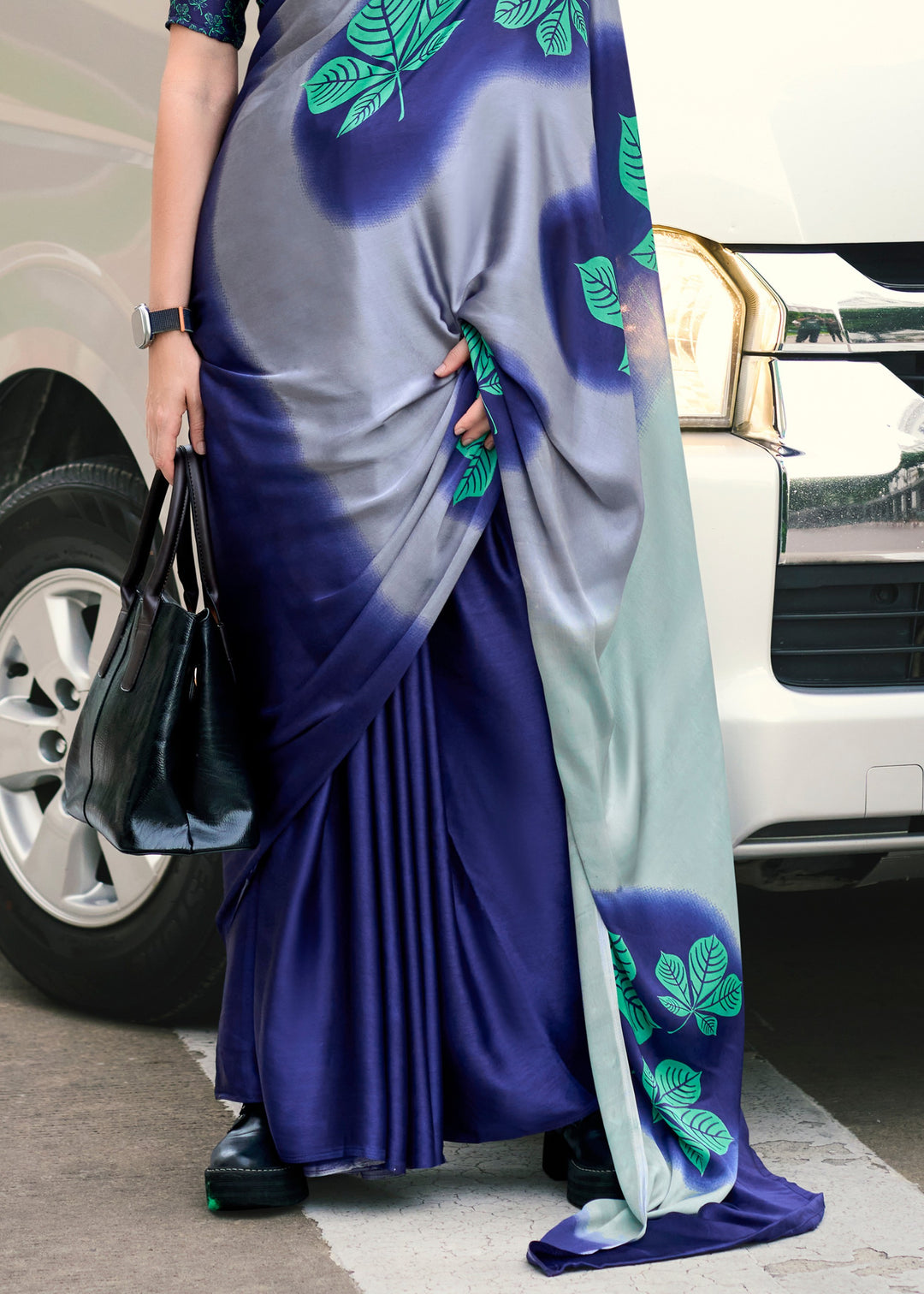 Indigo Blue Printed Satin Silk Saree