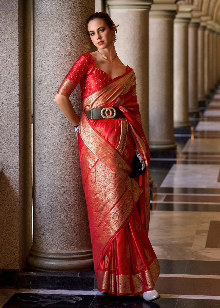 Candy Red Satin Mungha Silk Saree