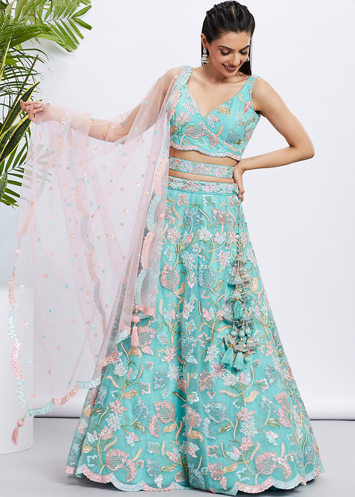 Turquoise Blue Net Lehenga Choli with Sequins & Thread Embroidery work