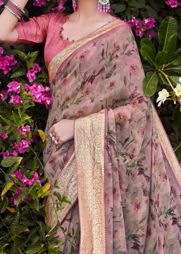 Pinkish Beige Floral Printed Silk Saree with Contrast Blouse