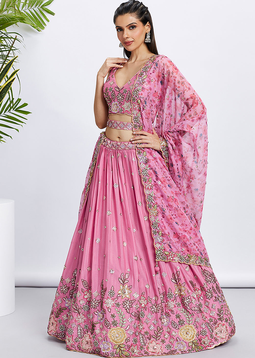 Neon Pink Chiffon Lehenga Choli with Sequins & Thread Embroidery work