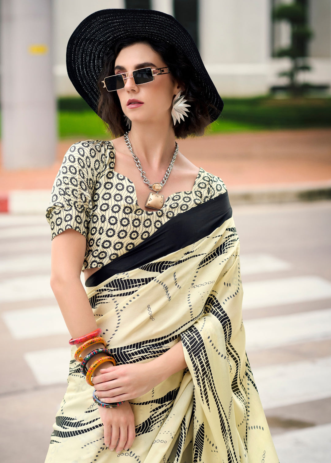 Pale Yellow Printed Satin Silk Saree