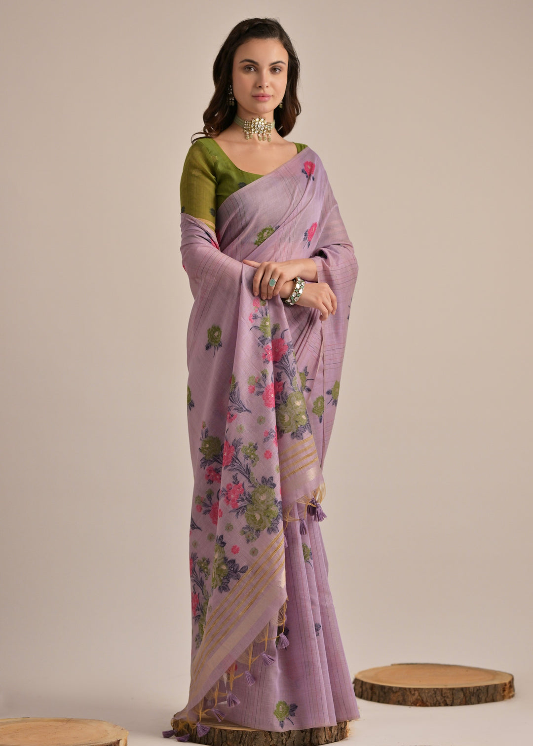 Thistle Purple Thread Woven Cotton Saree With Contrast Blouse