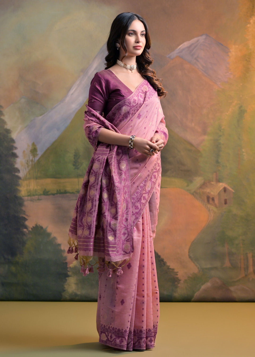 Blush Pink Thread Woven Cotton Saree With All Over Butti