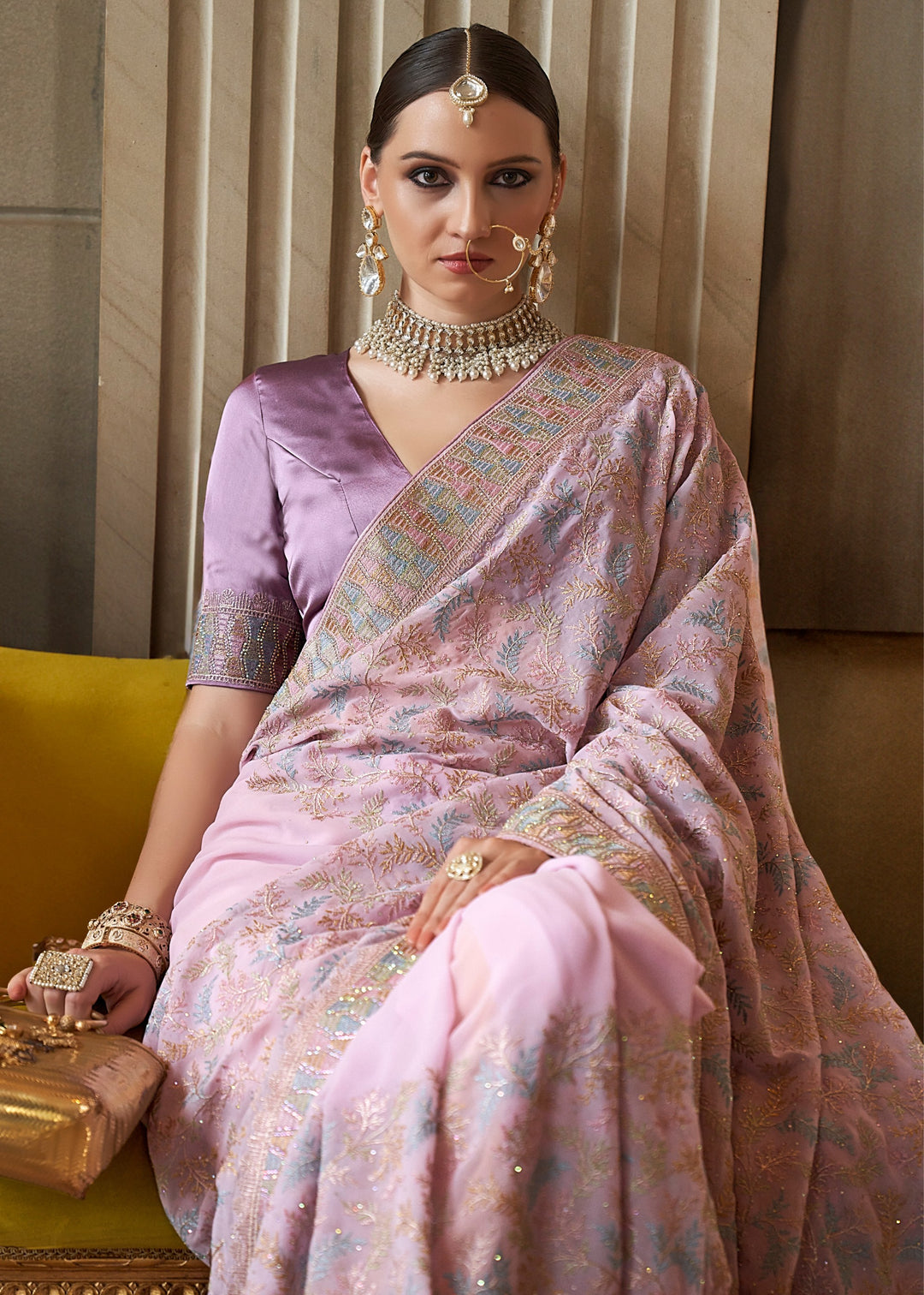 Lilac Purple Fancy Tissue Saree With Unique Work And Designer Blouse