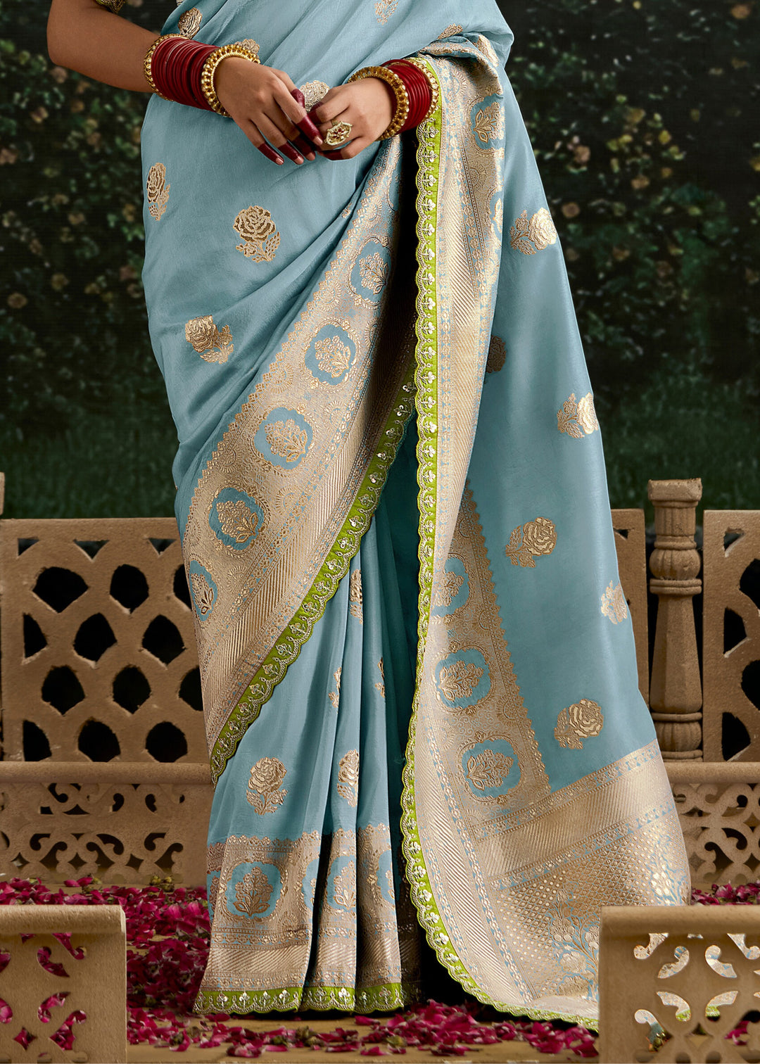 Sky-blue and Lime-green Viscose silk Saree with Zari work