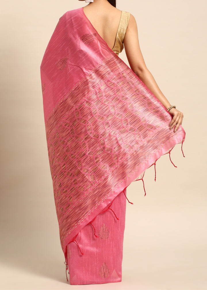 Rouge Pink Woven Handloom Raw Silk Saree