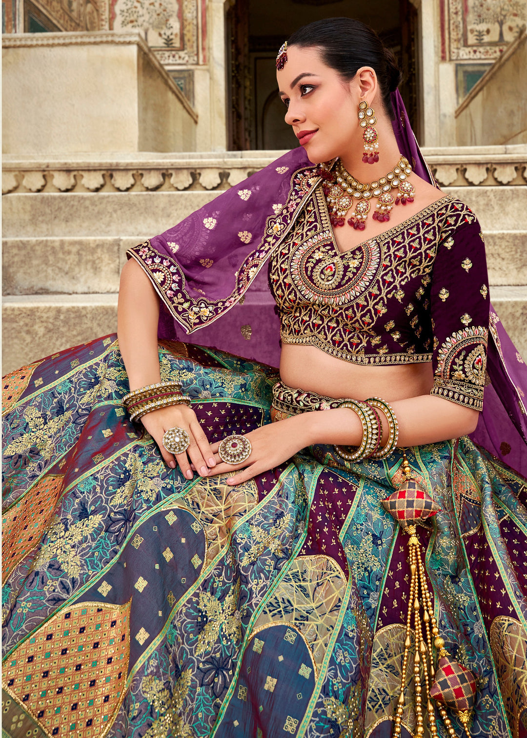 Mauve Purple & Blue Banarasi Silk Lehenga Choli with Zarkan, Sequence and Thread Work