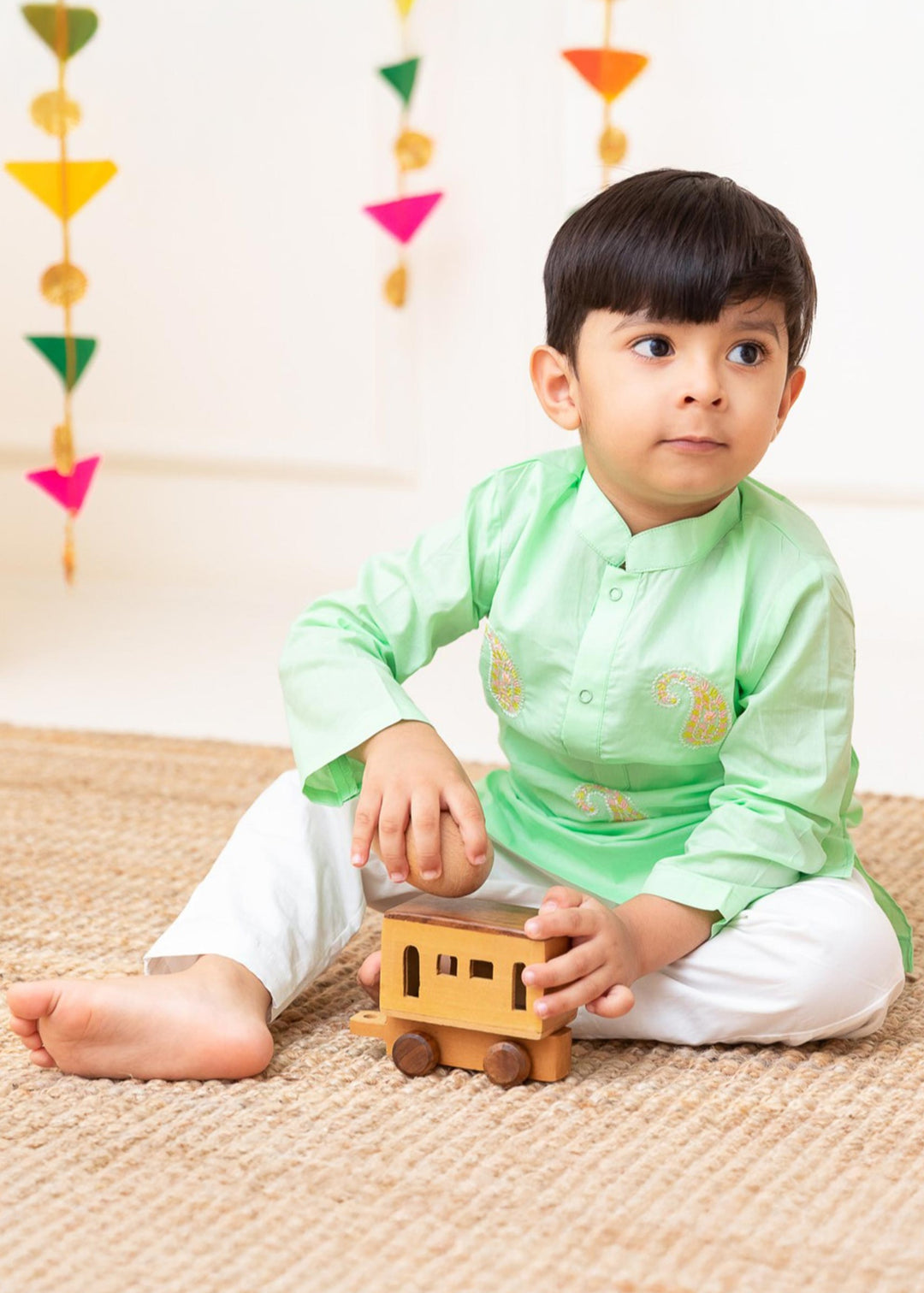 Organic Cotton Embroidered Green Kurta paired with Pajama Pants - Paisley