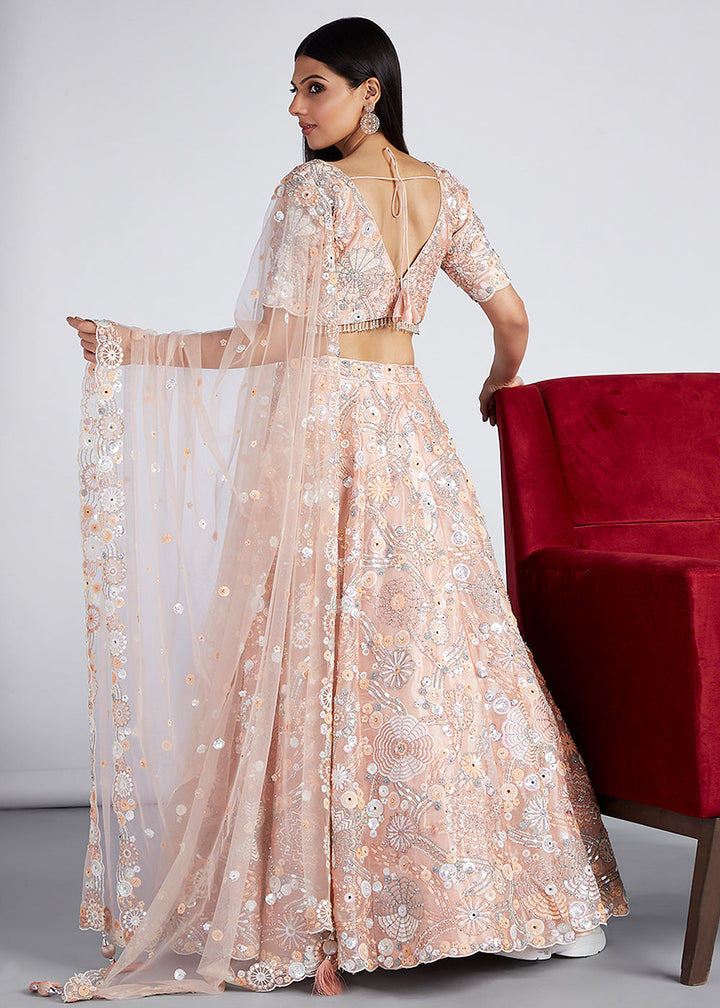 Light Peach Pink Organza Lehenga Choli with Sequins, Zarkan & Thread Embroidery work