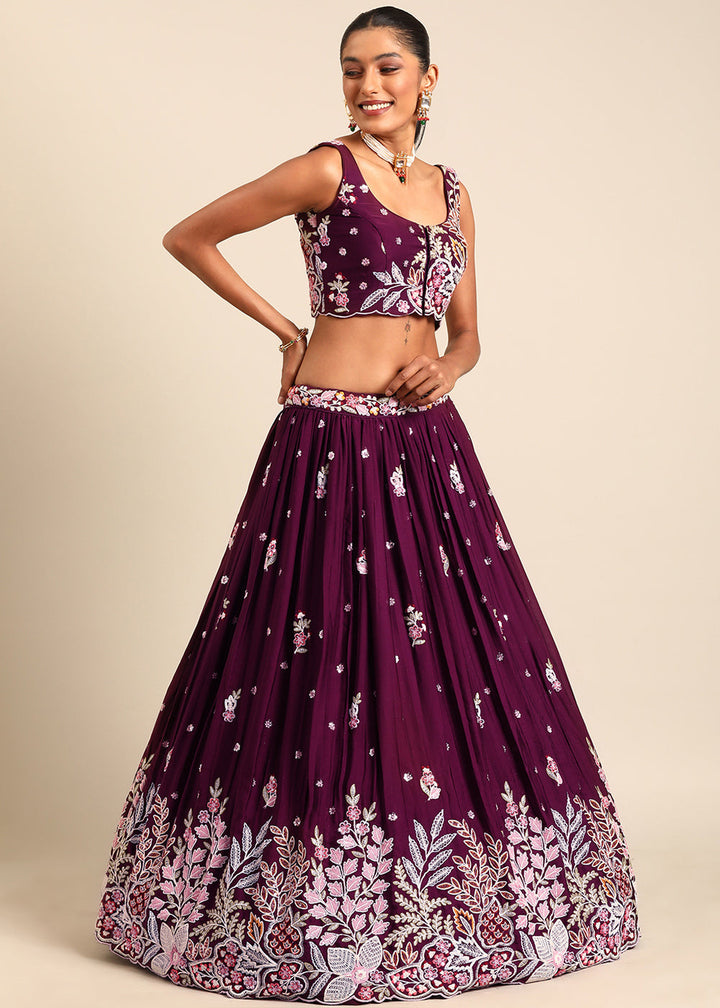 Jam Purple Georgette Lehenga Choli with Sequins & Thread Embroidery work