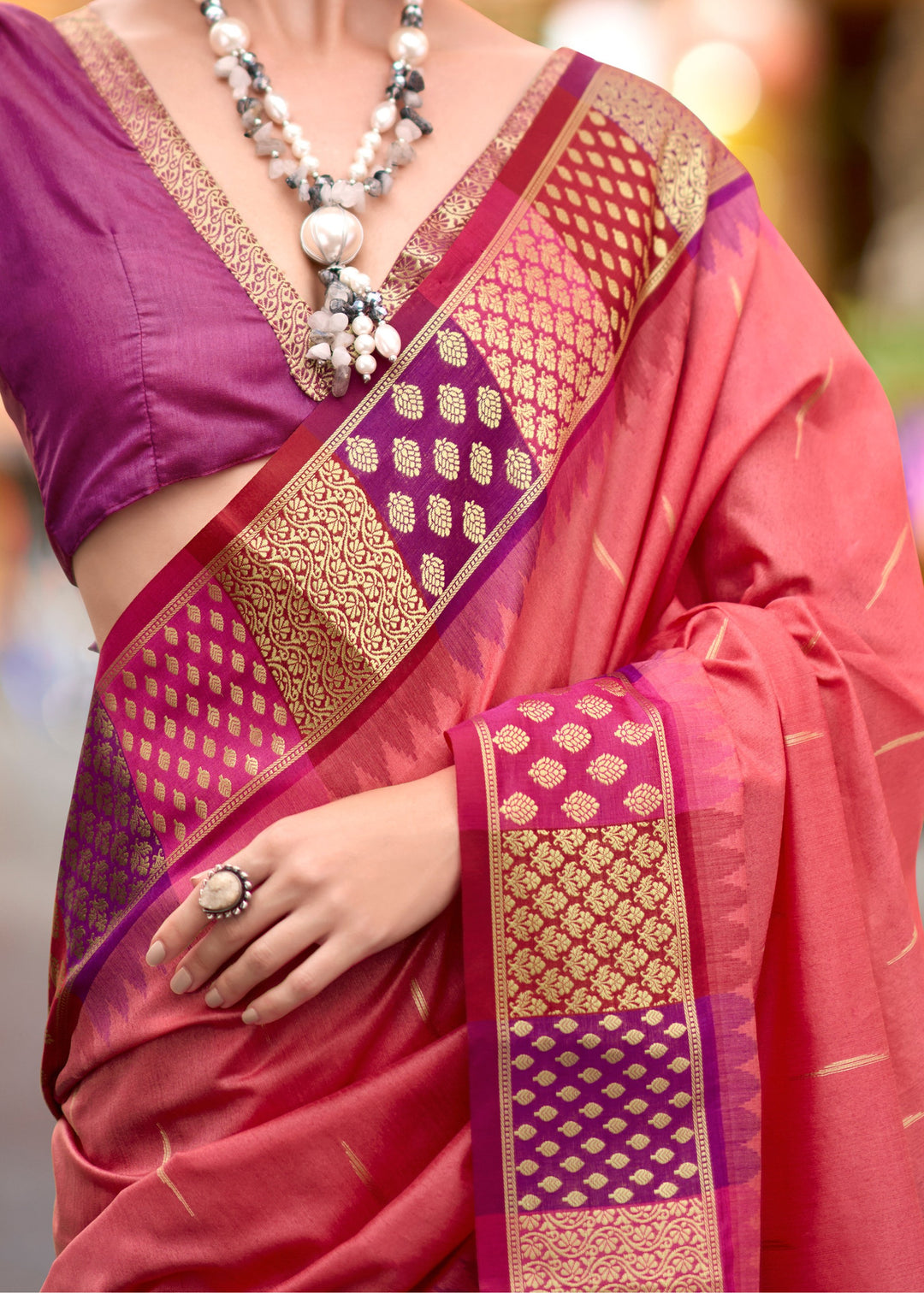 Vivid Peach Banarasi Silk Saree With Beautiful Contrast Border