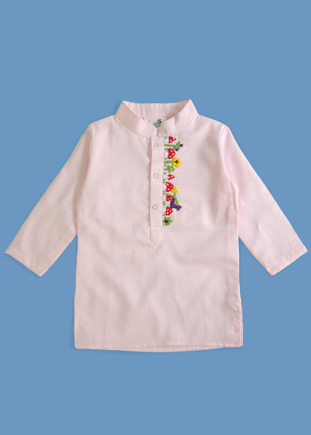 Organic Cotton Mushroom Embroidered Baby Pink Kurta paired with Pajama Pants - Cluster