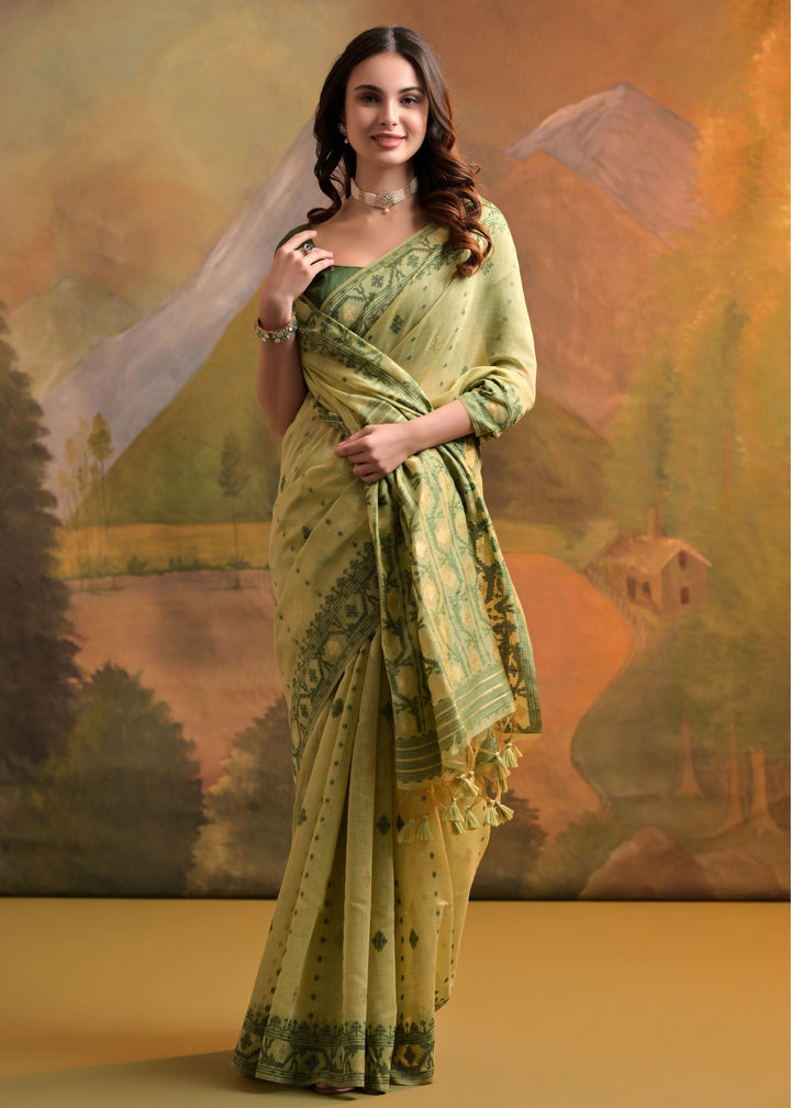 Light Green Thread Woven Cotton Saree With All Over Butti