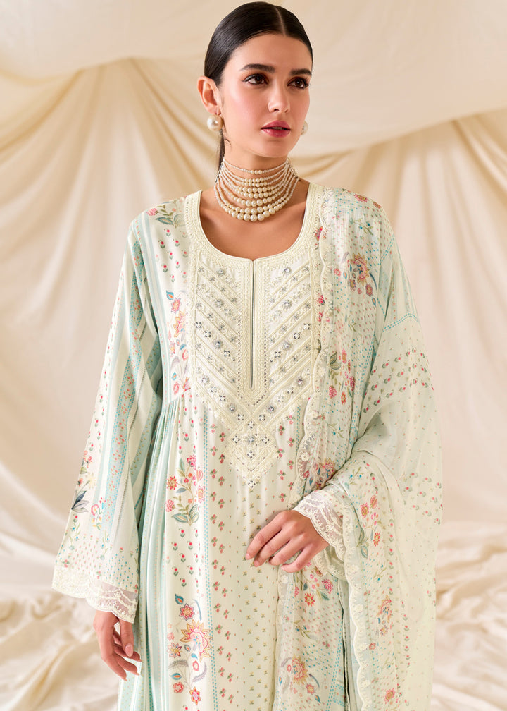 Mint Green Pure Muslin Salwar Suit with Dori Embroidery