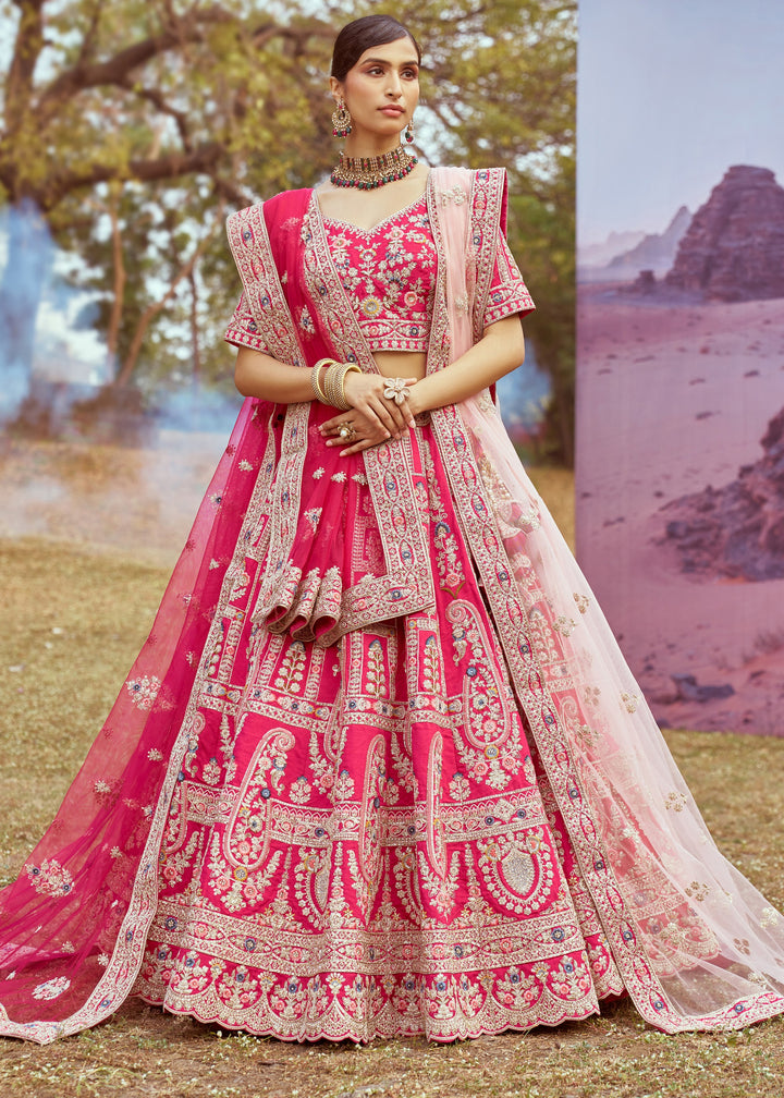 Pink Pure silk Moti, Sequins Embroidery Bridal Lehenga