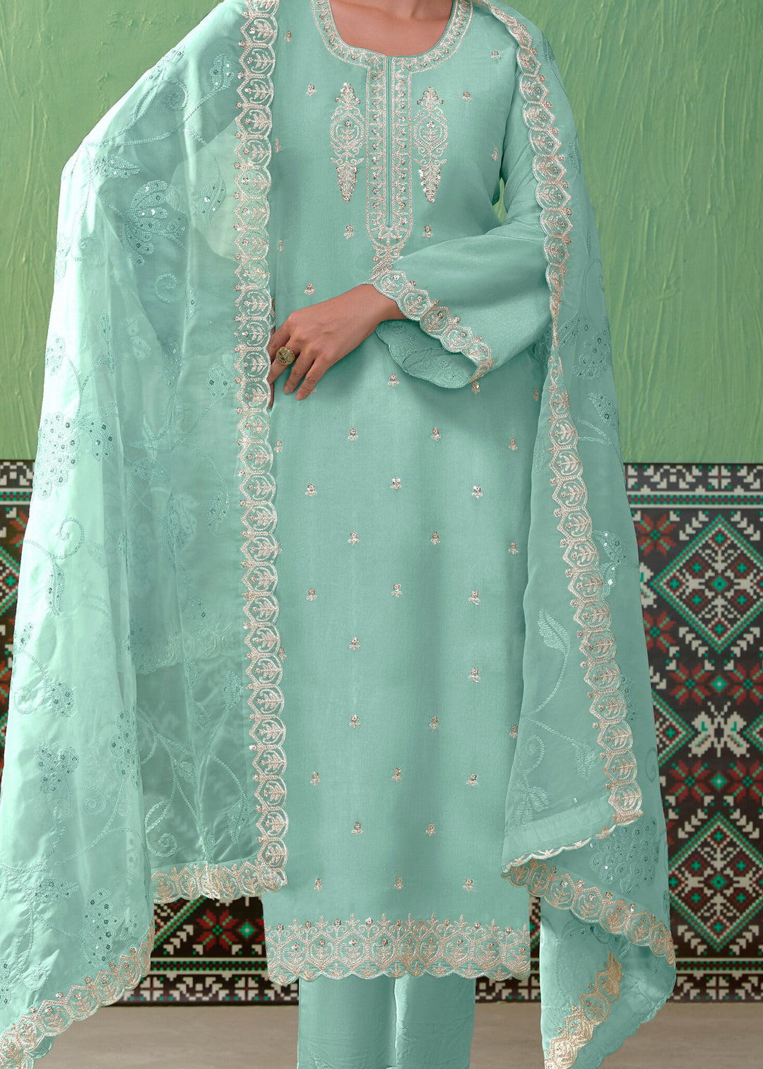 Blue Pure Bamber Silk with Embroidery Salwar Suit