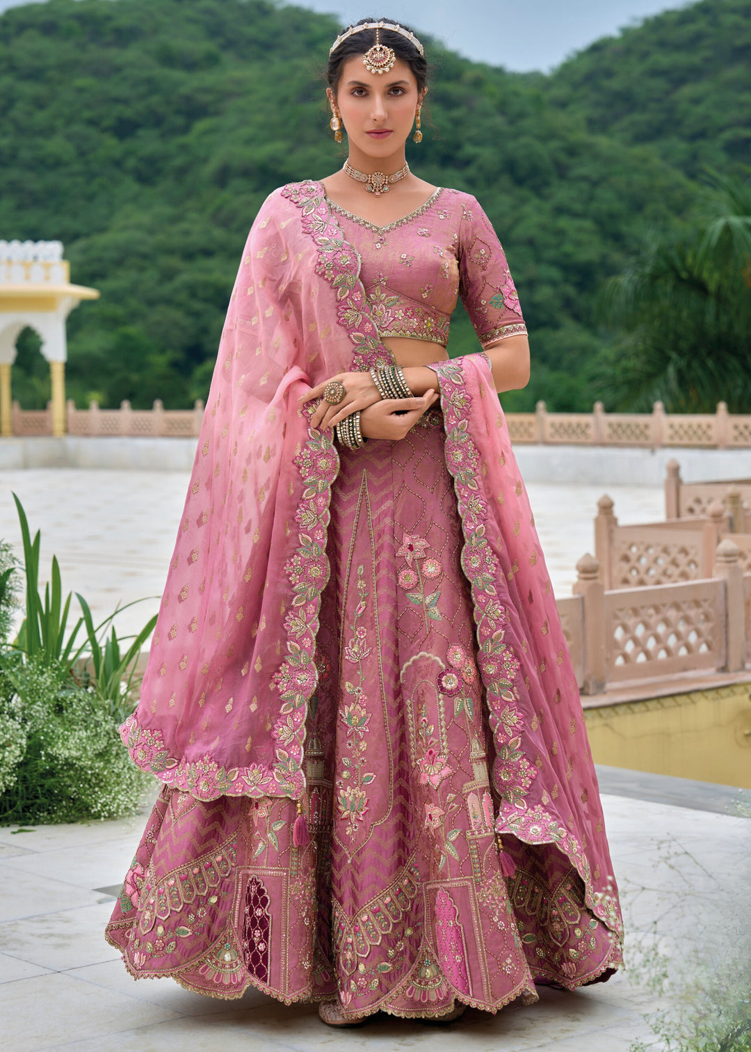 Smitten Pink Viscose Tissue Lehenga Choli with Embroidery Work