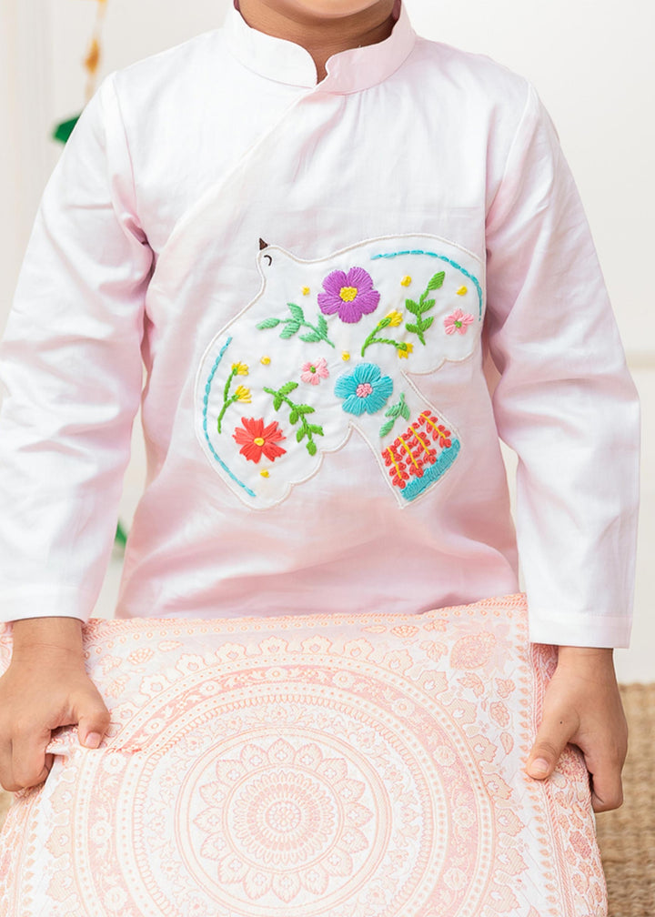 Organic Cotton Embroidered Light Pink Kurta paired with Pajama Pants - Birdpatch