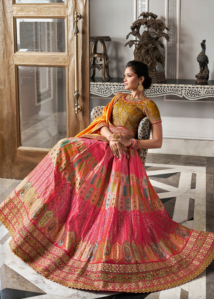 Mustard Yellow & Orange Banarasi Silk Lehenga with Zarkan Codding work