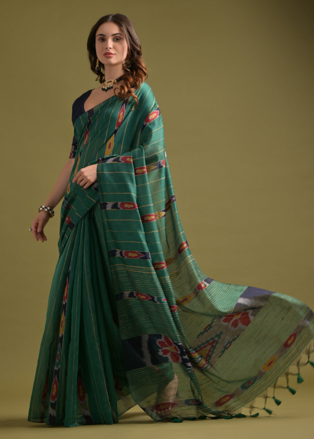 Jade Green Soft Ikkat Cotton Printed Saree